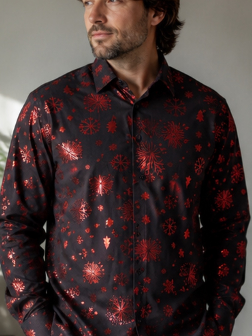 DiBanGu XL Black Metallic Red Foil Christmas Button Up Shirt Snowflakes Firework